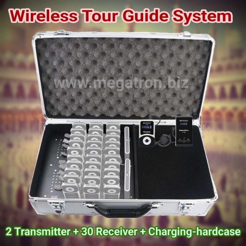 Paket Wireless Audio Tour Guide System (2 Transmitter + 30 Receiver + Koper Charging) - cocok untuk Travel Umroh / Haji