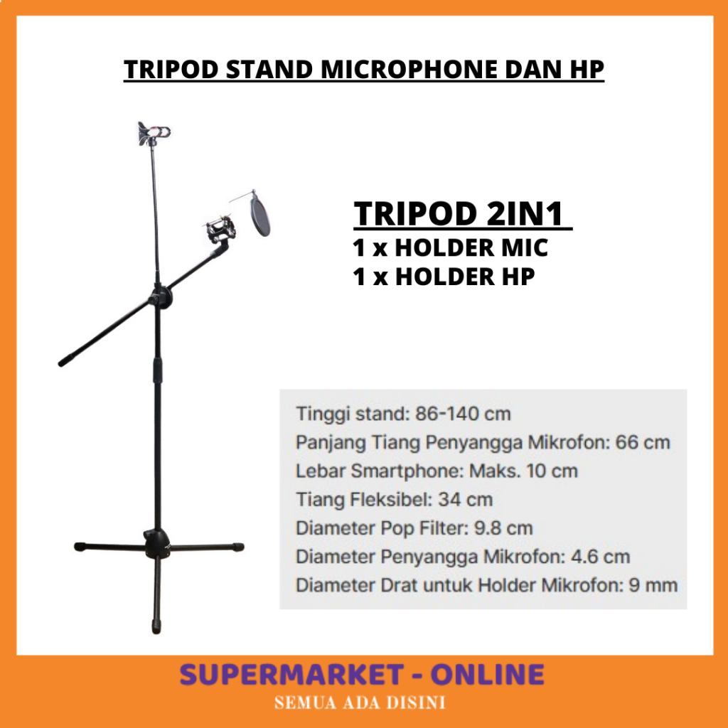 STAND MIC L003 Tripod Standing Stand Microphone Mic Dengan 1 Holder Microphone dan 1 Holder Handphon