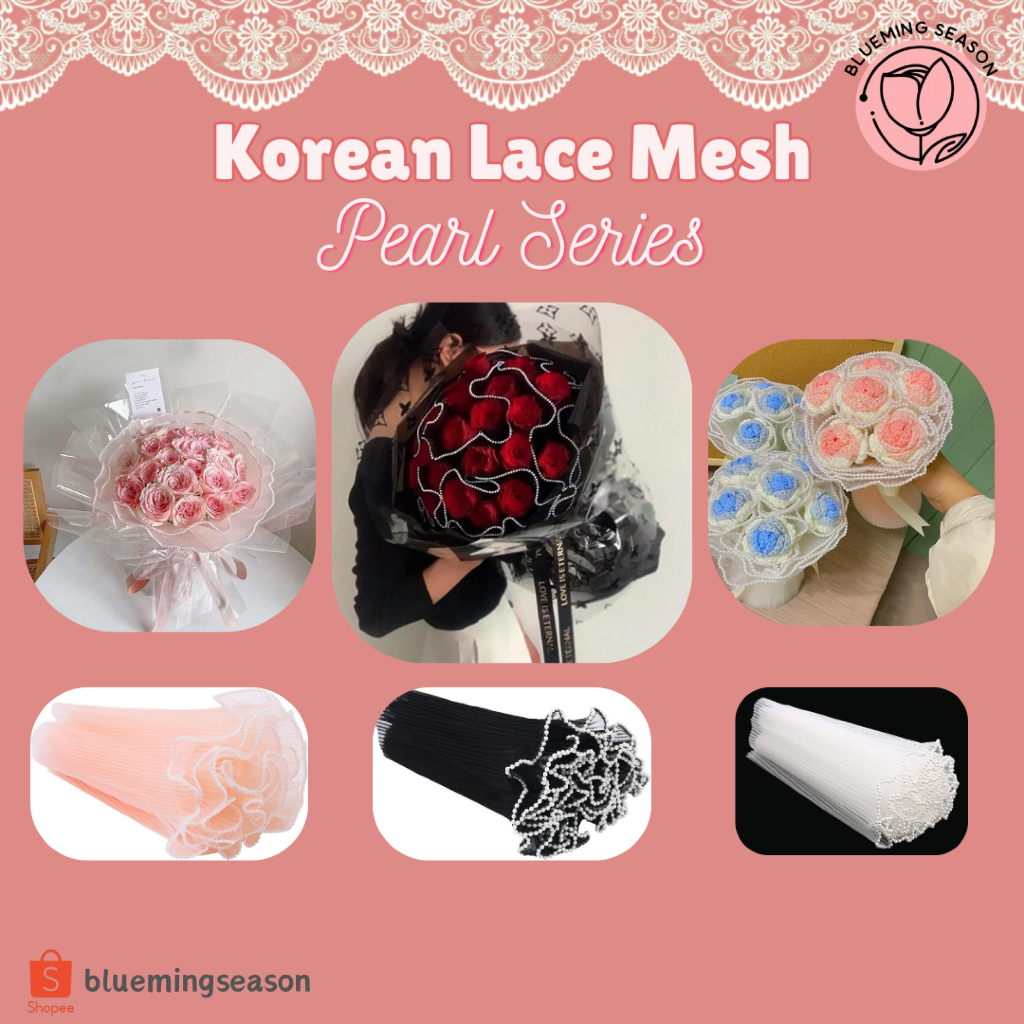 

[Blueming Season] / Korean Lace Mesh with Pearls / 1 Roll / Korean Flower Wrap / Wrapping Bunga Mesh Korea