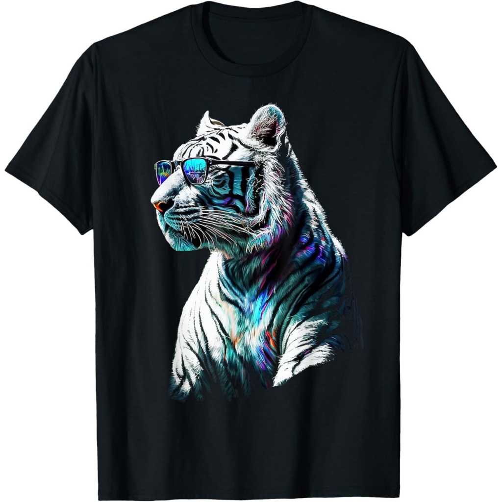 Kacamata Hitam Harimau Putih Seni Berwarna-warni Hewan Harimau T-Shirt