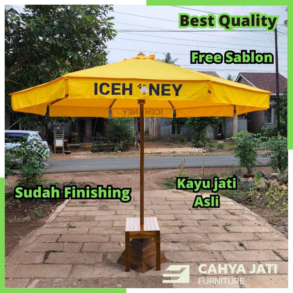 Payung cafe taman outdoor kolam renang kayu jati dengan pemberat umpak dan meja