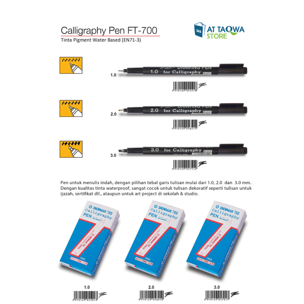 

Calligraphy Drawing Pen SNOWMAN FT-700 1.0 2.0 3.0 mm Pena Kaligrafi