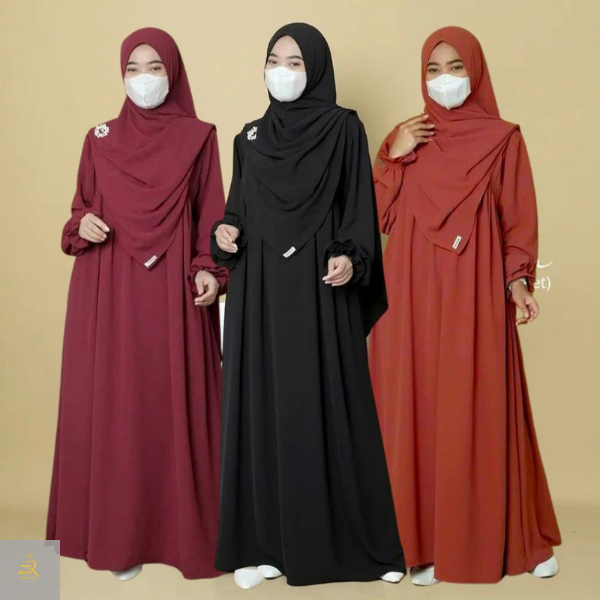 Elena Gamis Set Hijab Syari Pashmina Oval Crinkle Airflow Premium - Gamis Muslimah Lebaran Terbaru