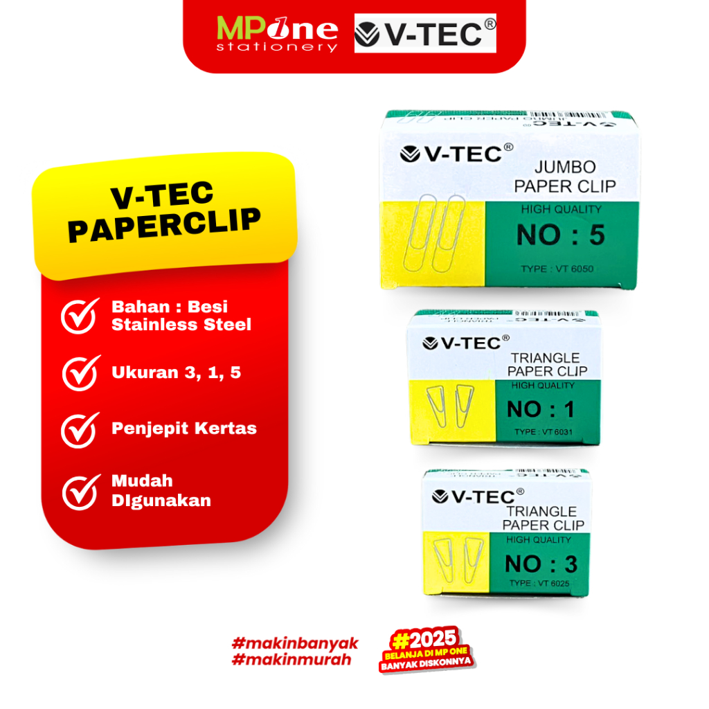 

(1 KOTAK) V-Tec Paperclip No.1, 3, 5 / Penjepit Kertas / Klip Kertas Silver V-TEC