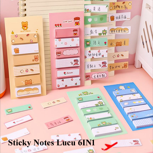 

Sticky Notes Lucu 6IN1 Tempelan Kertas Catatan 120 Lembar Notes Kertas Tempel Karakter Bear Frog Girl Pembatas Buku Cute Imut