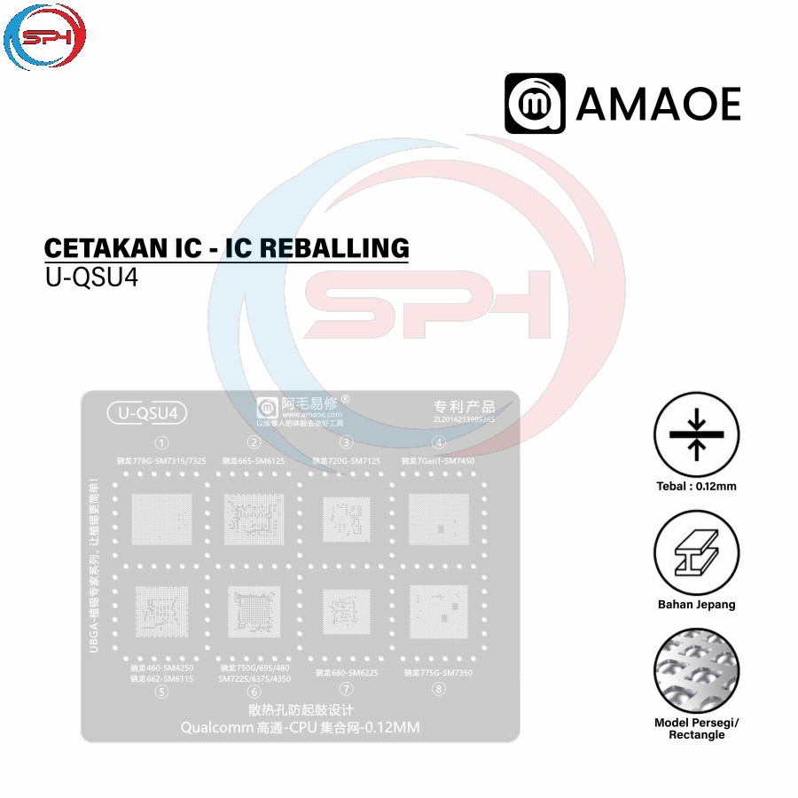 Amaoe U-QSU4 Cetakan IC BGA Reballing Stencil for Qualcomm Snapdragon CPU SM7450/SM7350/SM6225/SM425