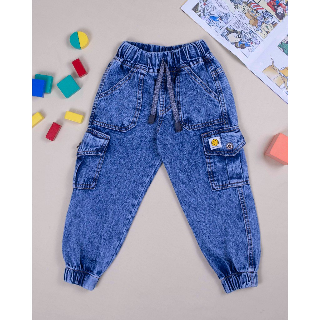 TNT KIDS - Celana Cargo Panjang Jeans Blue Washed | Celana Denim Cargo Anak Unisex | Celana Jeans Ca
