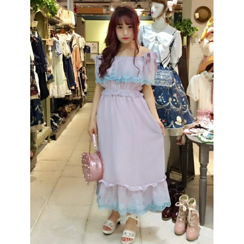 AXES FEMME X DISNEY LILAC DRESS KAWAII PRINCESS EMBROIDERY GAUN BRUKAT OVERALL SAILOR RENDA UNGU ORI