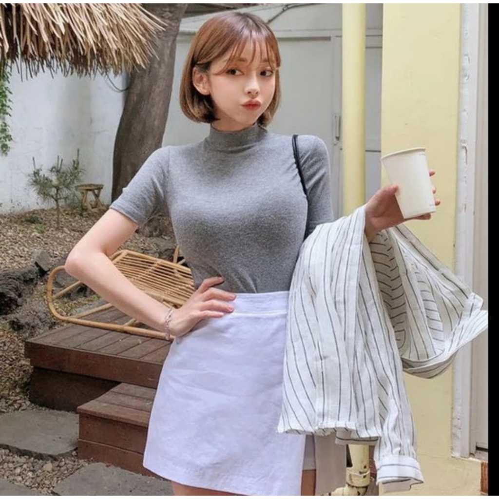 Kaos Leher Tinggi Lengan Pendek - Kaos Manset Polos Lengan Pendek