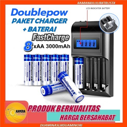 Doublepow Charger Baterai 4 Slot AA AAA Ni-MH with LCD + 4 AA 3000mAh