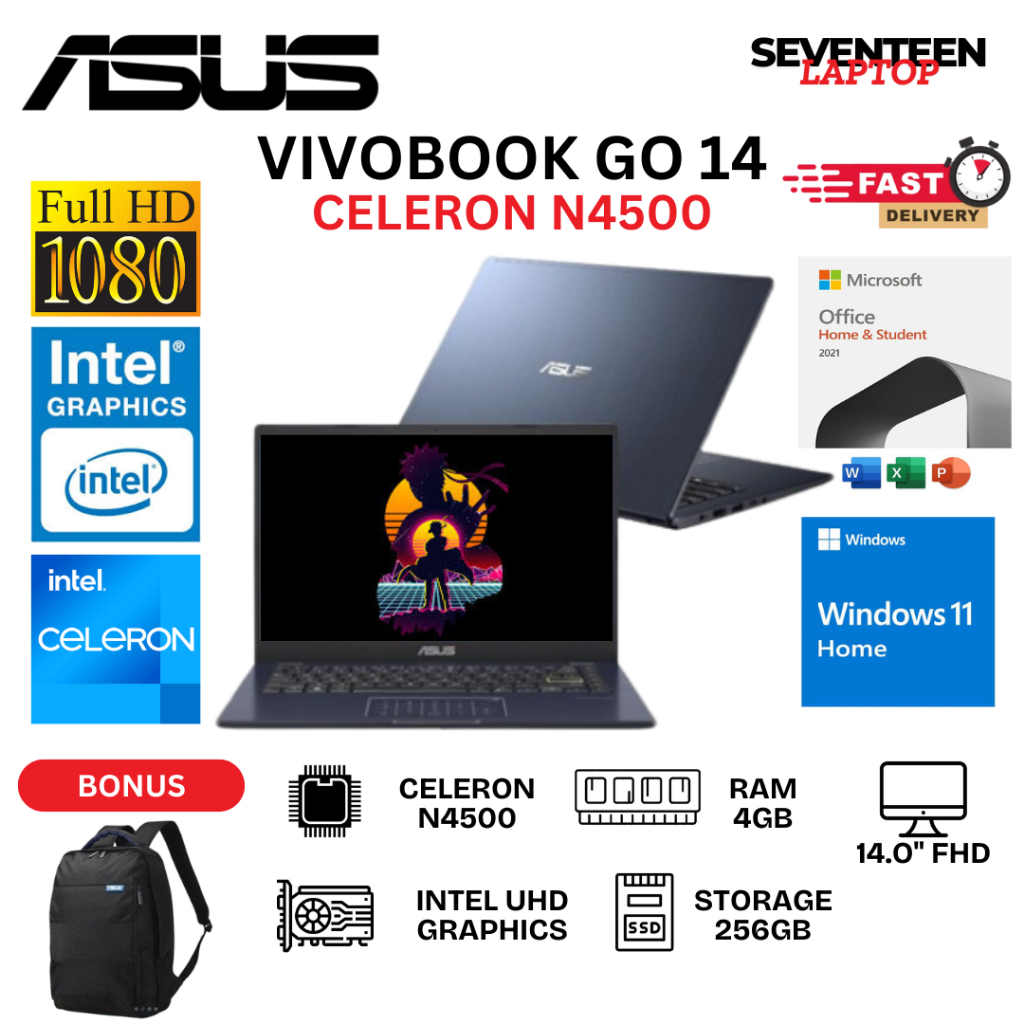 Laptop Asus Vivobook Go 14 E410Ka N4500 8Gb 512Gb 14.0Fhd Win11+Ohs 2021 Garansi Resmi Asus