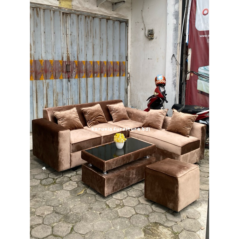 SOFA L + PUFF COKLAT | SOFA L MINIMALIS | SOFA KEKINIAN