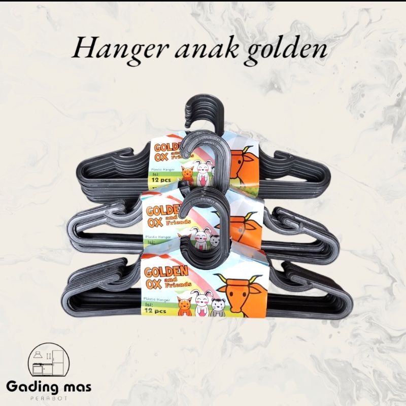 (1 PACK ISI 12 PCS) GOLDEN OX HANGER ANAK / HANGER PLASTIK / HANGER HITAM / GANTUNGAN BAJU ANAK