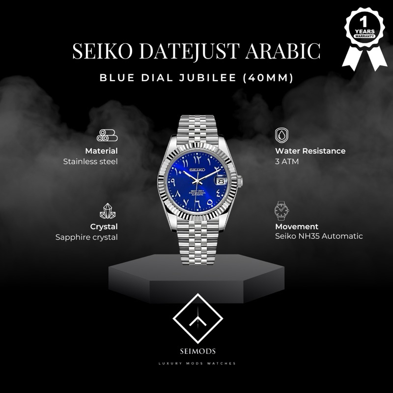 Jam Tangan Seiko Mod Arabic NH35 Automatic Datejust Jubilee Watch Seikolex Blue