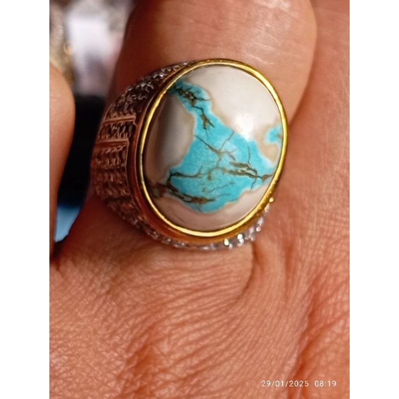 Langka (Rare Item) Cincin Mata Batu Natural Pirus (Torquise) Hubei Big Size Premium Motif Albino Rin