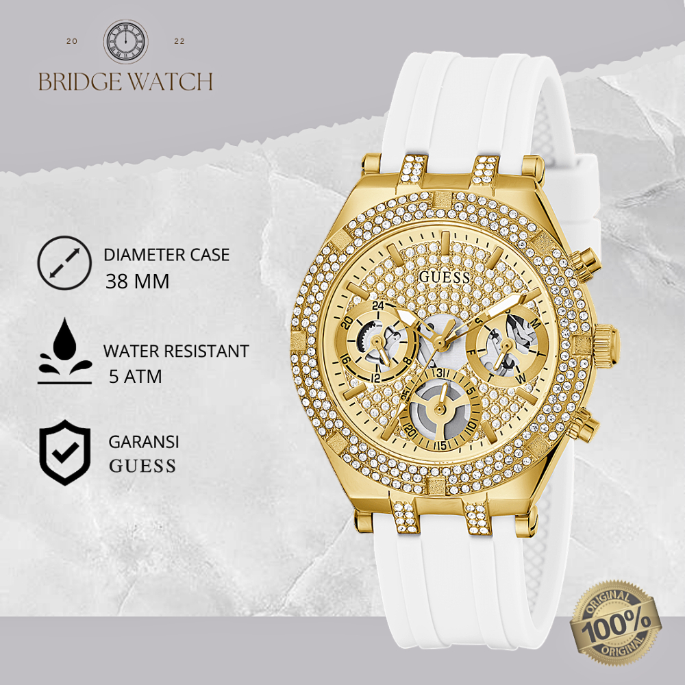 Jam Tangan Wanita Guess Heiress GW0407L2 Original Chronograph Gold Crystal Dial White Silicone Rubbe