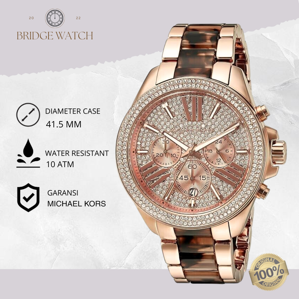 Jam Tangan Wanita Michael Kors MK6159 Diamond Rose Gold Chronograph Stainless Steel Strap Rantai Ori