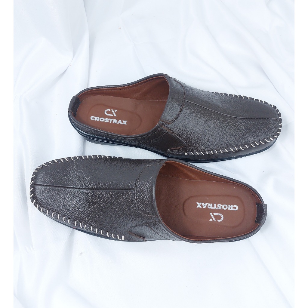 Sepatu Bustong Pria Selop Kulit Sapi Asli Loafers Original Warna Putih Tan Hitam Cokelat Crostrax Se