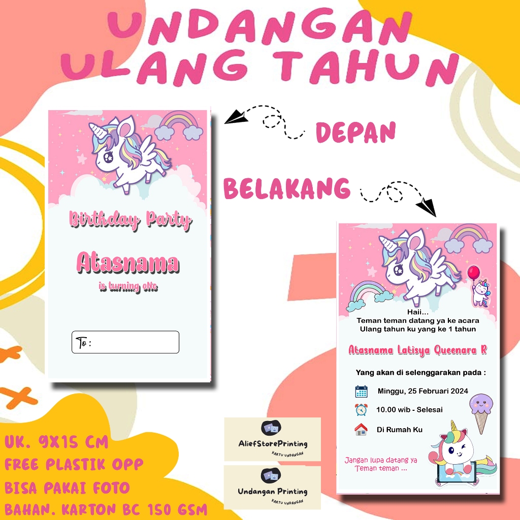 Undangan UNICORN 6 ( 30 PCS / 50 PCS ) KARTU UNDANGAN ULANG TAHUN ULTAH ANAK DAN REMAJA CUSTOM FREE