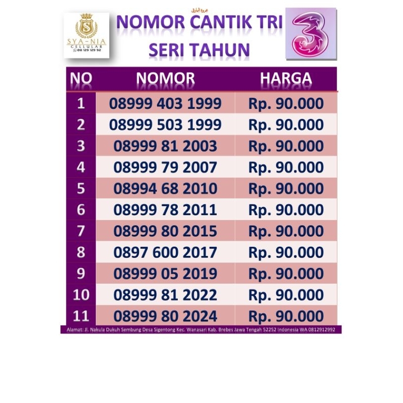 Nomor Cantik Tri Seri Tahun Bonus Kuota Internet