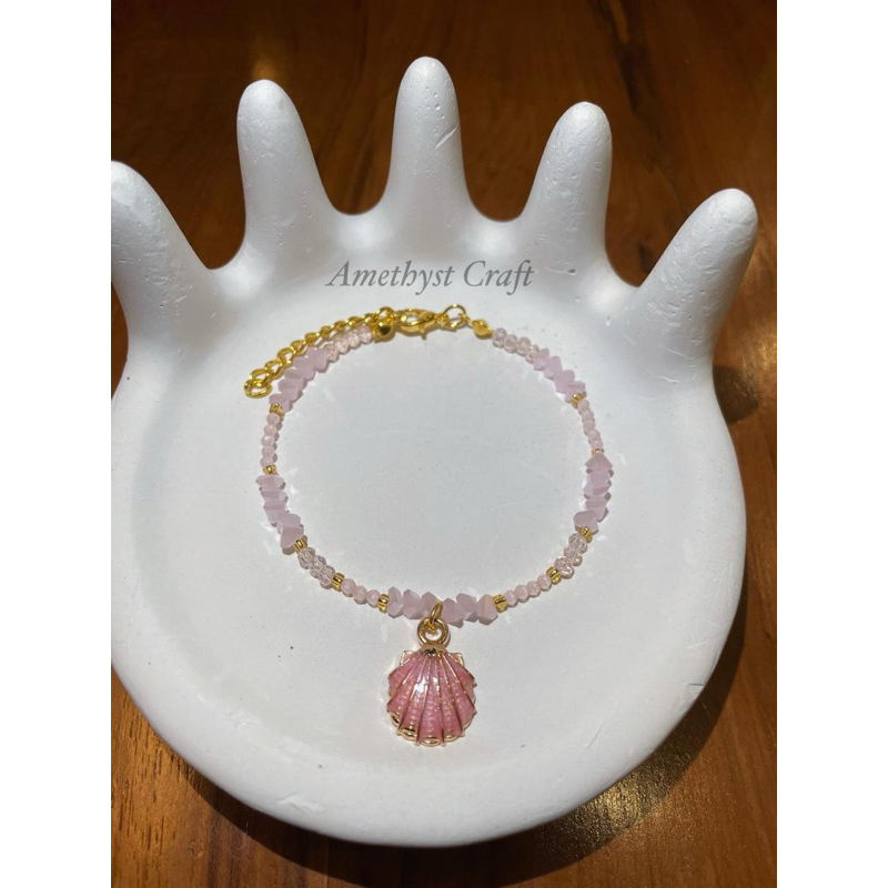 Crystal Pink & Rose Quartz Gemstone Bracelet | Shell Charm | Gelang kristal gemstone batu alam asli 