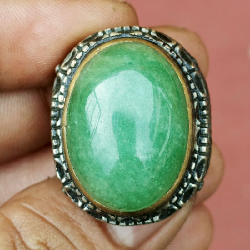 Batu Natural Giok Hijau Asli Aceh Nephrite Kristal No Dyed Dim-25 Ring Ukir Keren