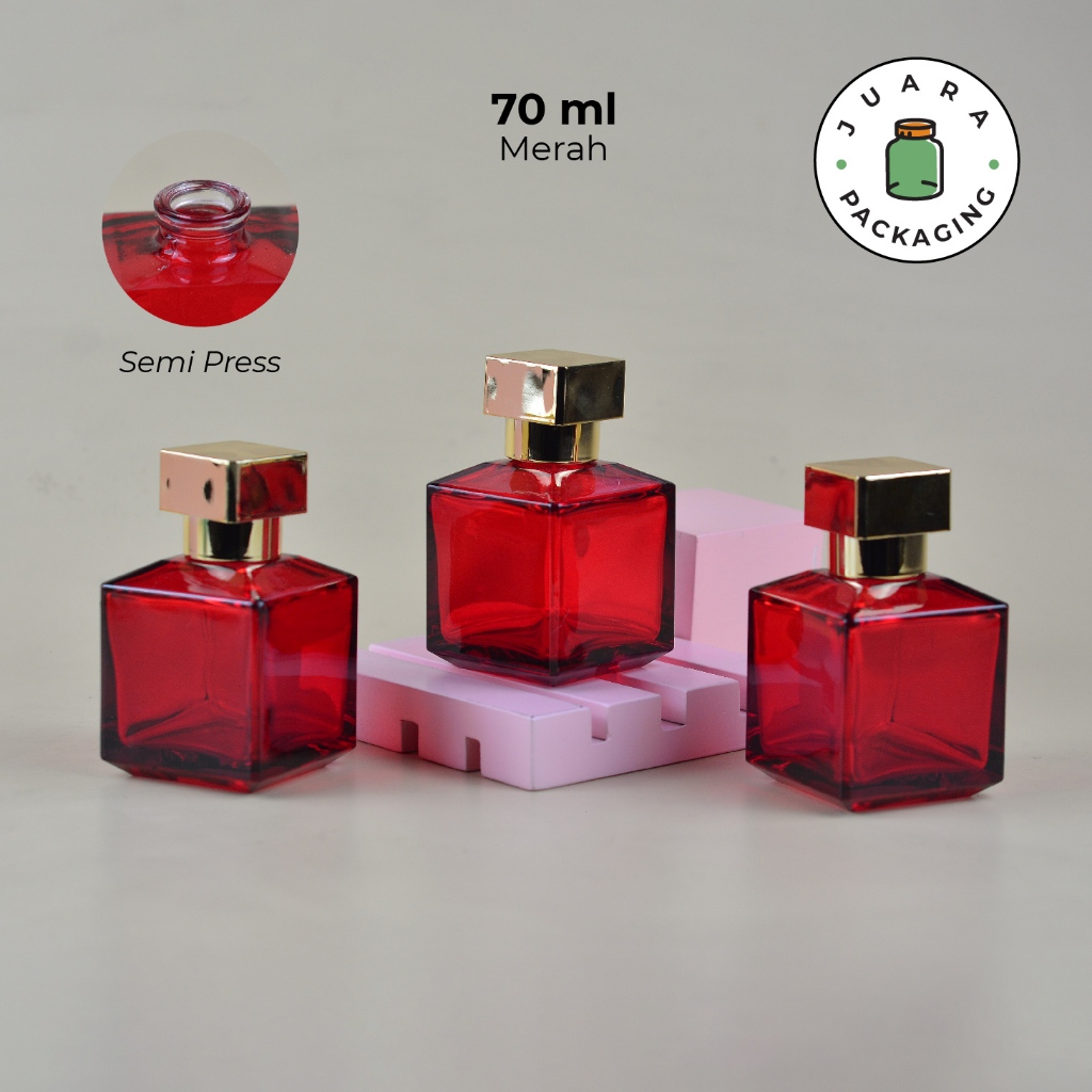 Botol Parfum Spray Kaca 70ml – Botol Parfum Kaca Mewah Kotak Merah Tebal, Semi Press Tutup Gold, Bot