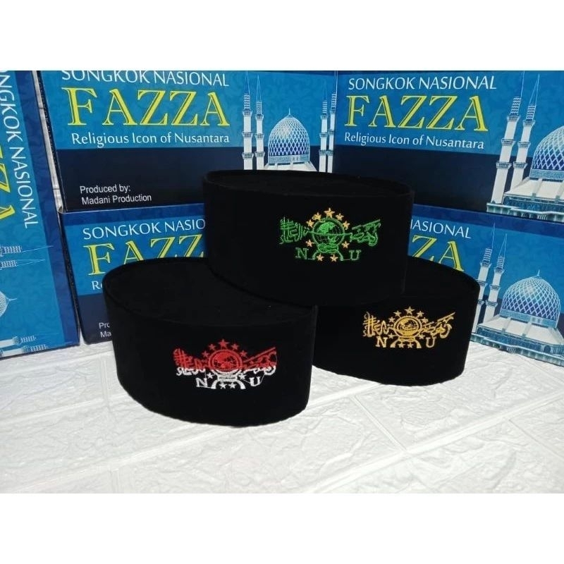 FARIN - Peci NU Tinggi 9 cm Kupluk Hitam Kopyah Logo Bordir Hijau Kuning Emas Merah Putih