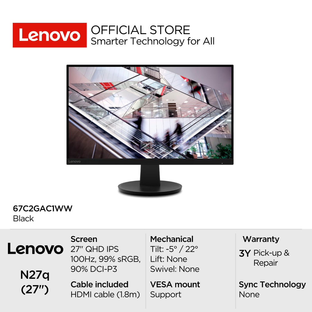 Lenovo Monitor N27q 27" QHD IPS 99% sRGB 90% DCI-P3 100Hz 300nits Antiglare NearEdgeless HDMI Tilt V