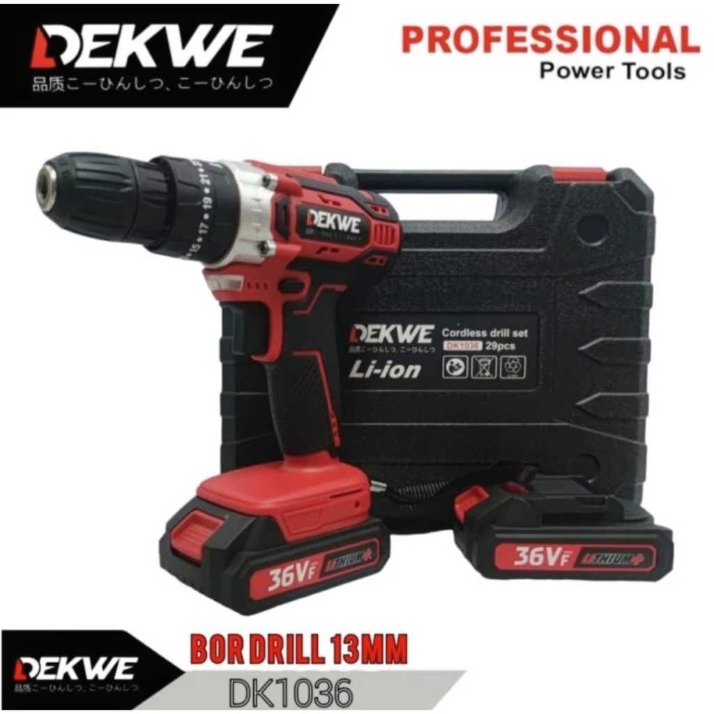 DEKWE DK1036 Mesin Bor Impact Drill 10mm 3/8inch Fullset 2 BATERAI 36VF DK1036 DK1012