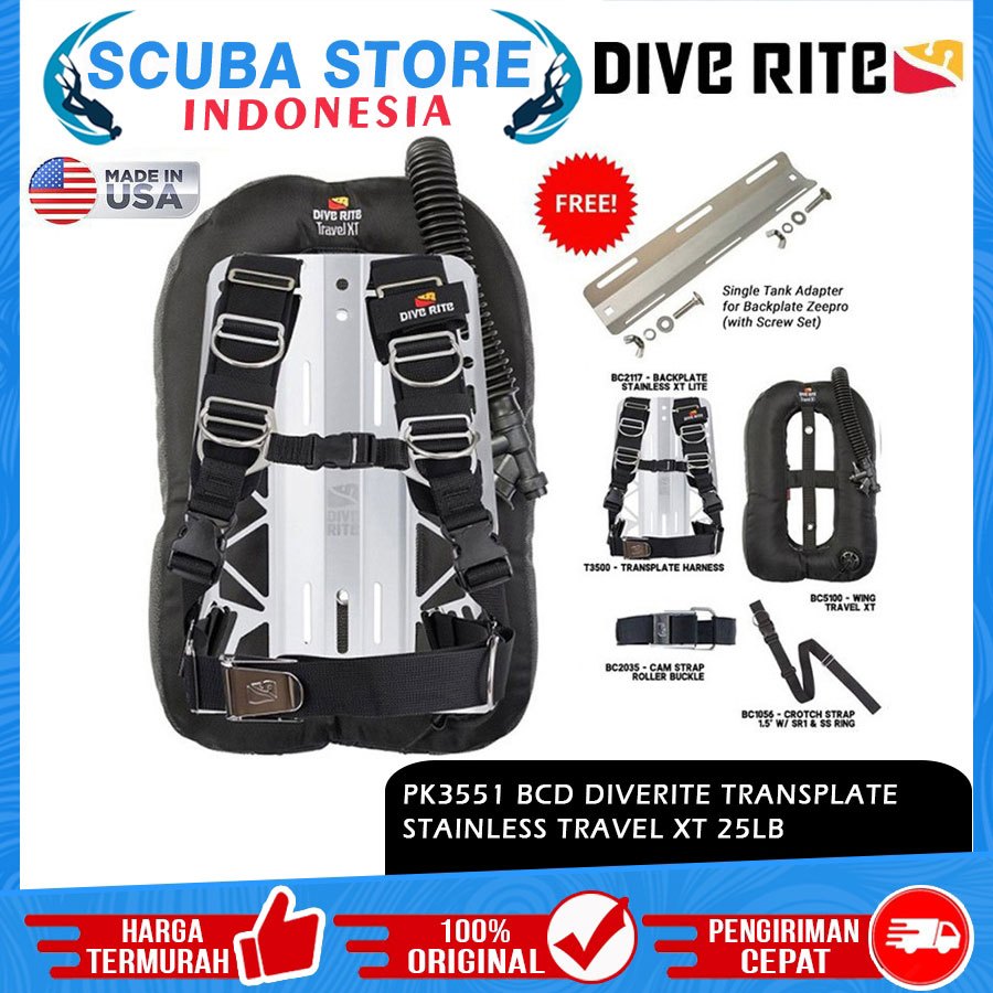 PK3551 BCD Technical Diverite Transplate Stainless Travel XT 25lb Wing BC Dive Rite Scuba Diving Sel