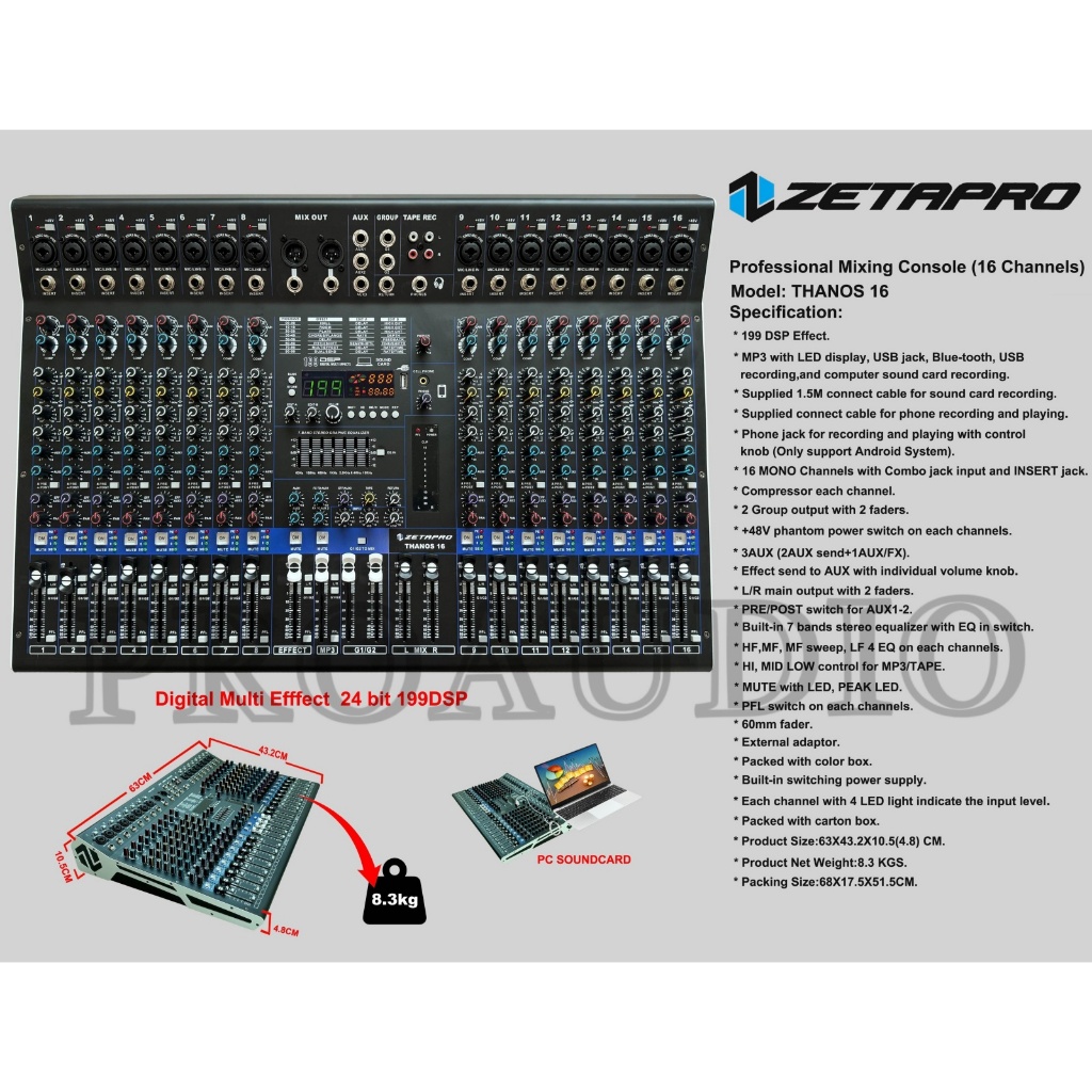 MIXER AUDIO ZETAPRO THANOS 16 / THANOS16 Mixer 16 Channel Thanos-16 Effect Reveb 199 Dsp Edit A, Edi