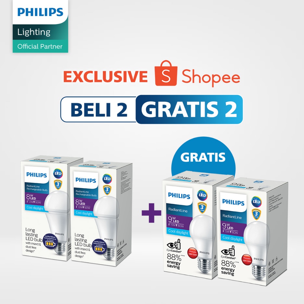 Beli 2 Philips Lampu Emergency Rechargeable 8W 6500k Putih Gratis 2 Lampu LED 9W 6500k Putih