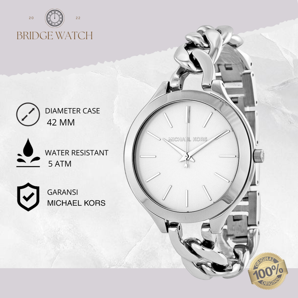 Jam Tangan Wanita Michael Kors MK3279 Slim Runway Silver Stainless Steel Strap Rantai Mewah Original