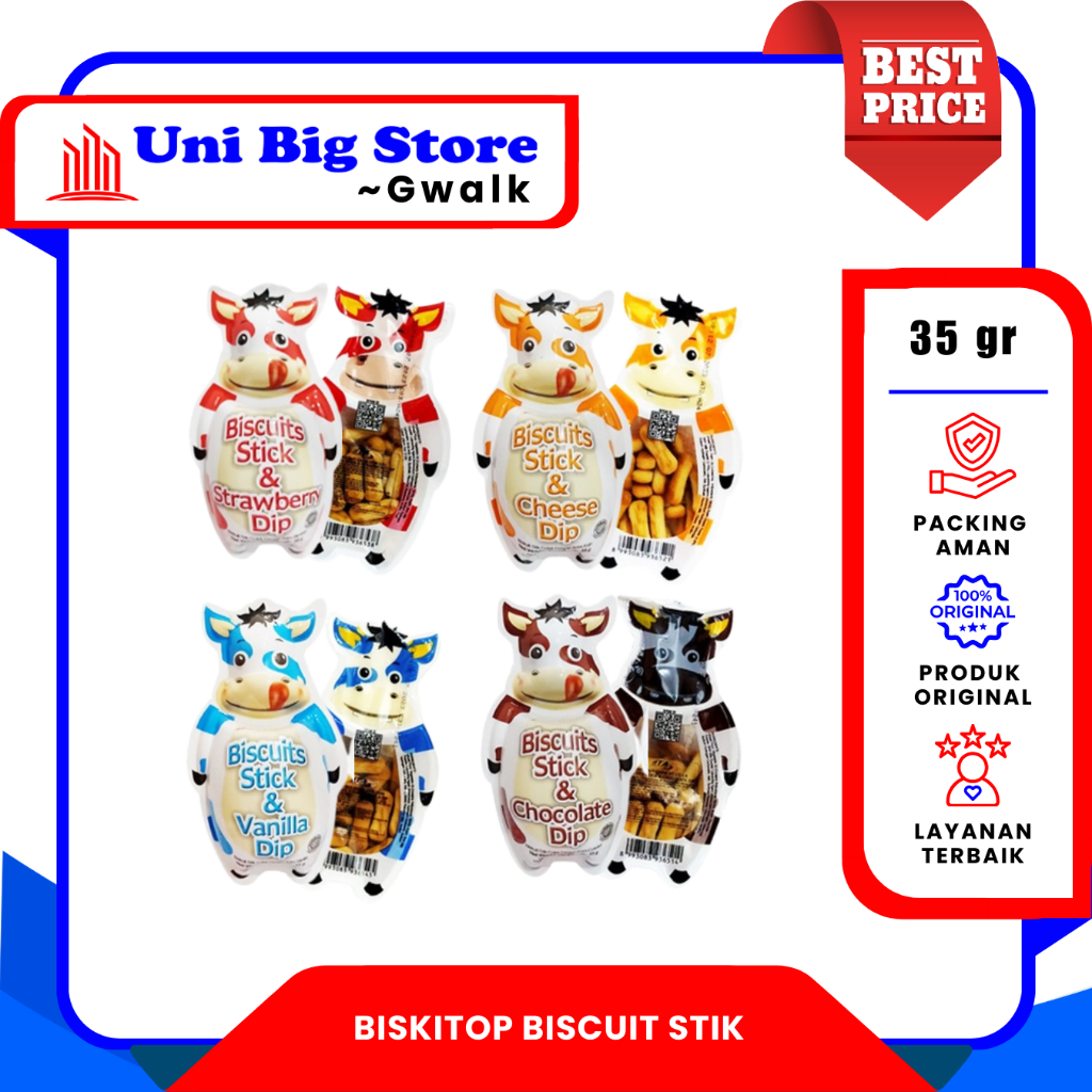 

BISKITOP BISCUIT SAPI STICK CHEESE - STRAWBERRY - CHOCOLATE - VANILLA DIP - 35 gr