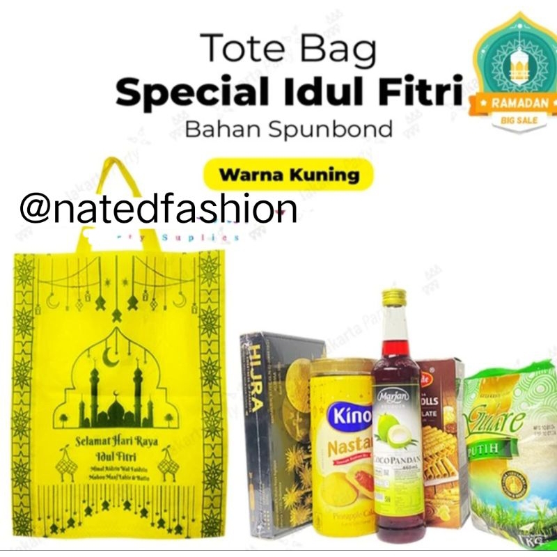 

Ready Godiebag Ukuran P38cm*T45cm*L8cm besar 1 sisi Sablon I|Tas Idul Fitri Harga Satuan Murah Sekalsel
