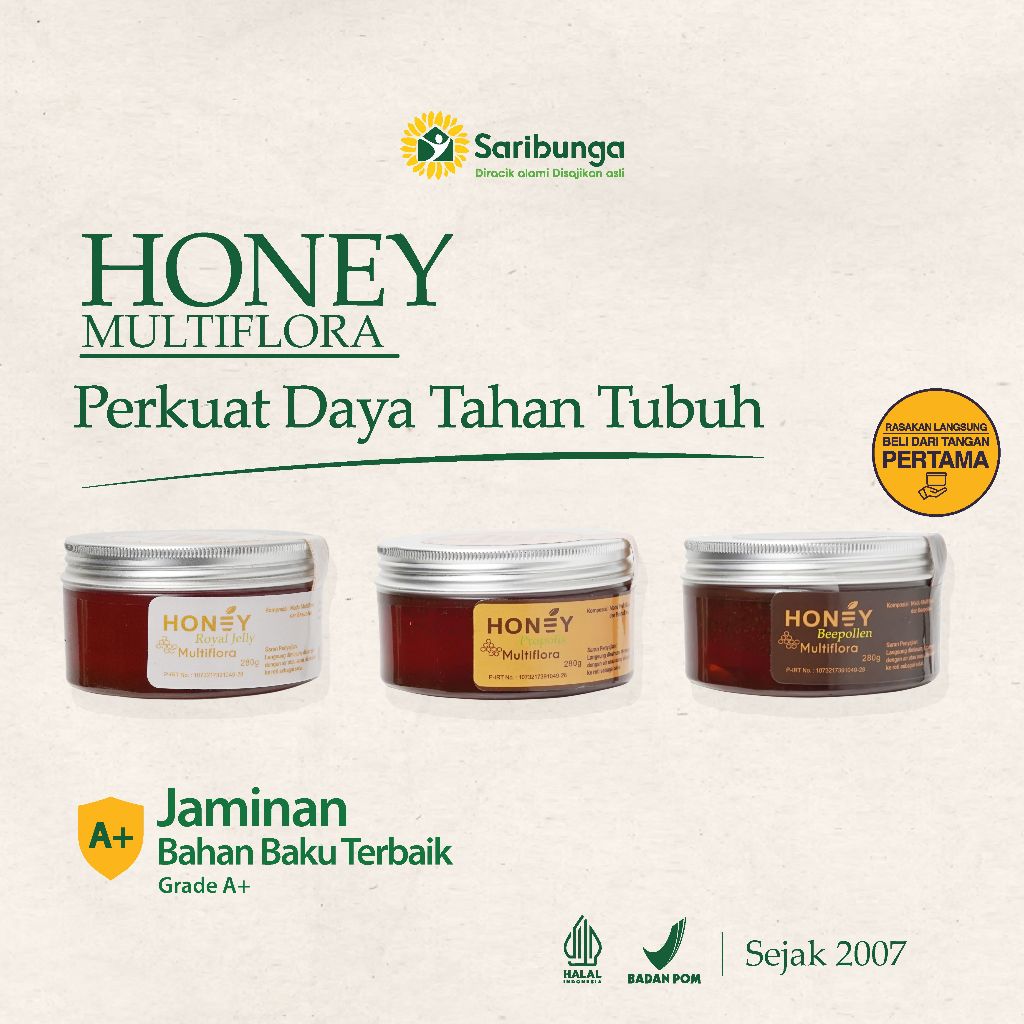 

HONEY MULTIFLORA SARIBUNGA +Royal Jelly+Propolis+Bee Pollen - Madu Multiflora Premium Grade A+
