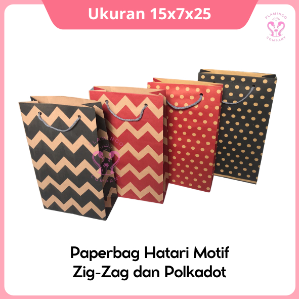 

Paper Bag Hatari Motif Zig-Zag Dan Polkadot Ukuran 15x7x25 / Paperbag wafer/ tas kertas murah/ Tas Sovenir / Gift bag / Tas Kado/ Motif zig zag polkadot