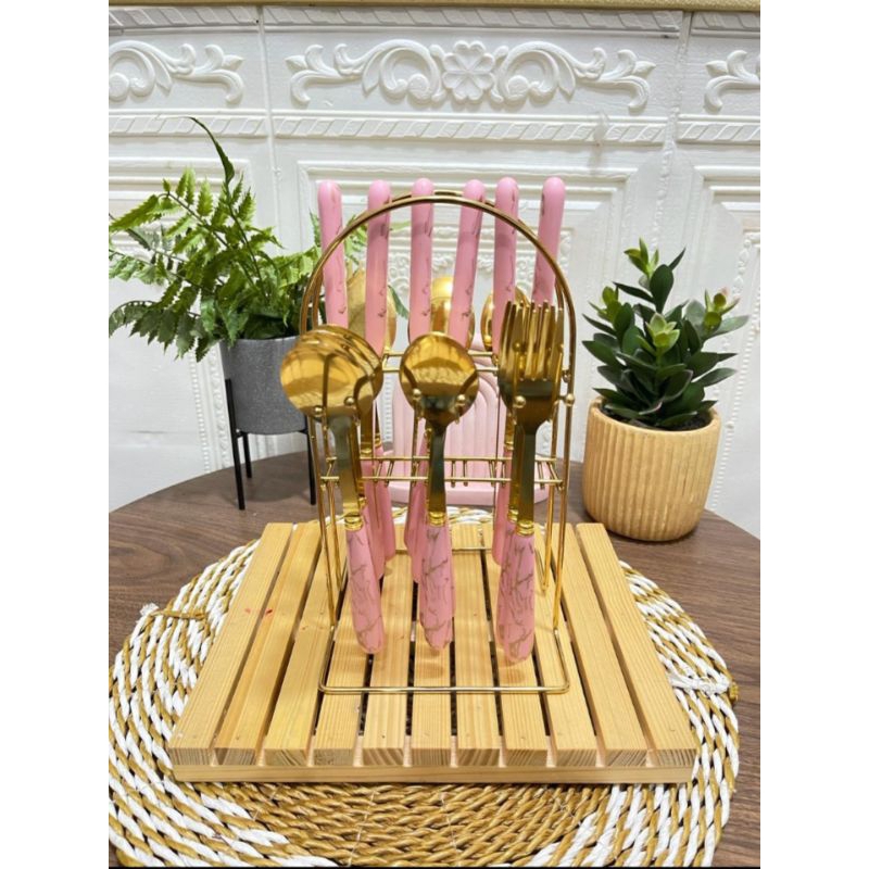 SET SENDOK GARPU PISAU GOLD GAGANG MARBLE KERAMIK MEWAH / RAK SENDOK GOLD