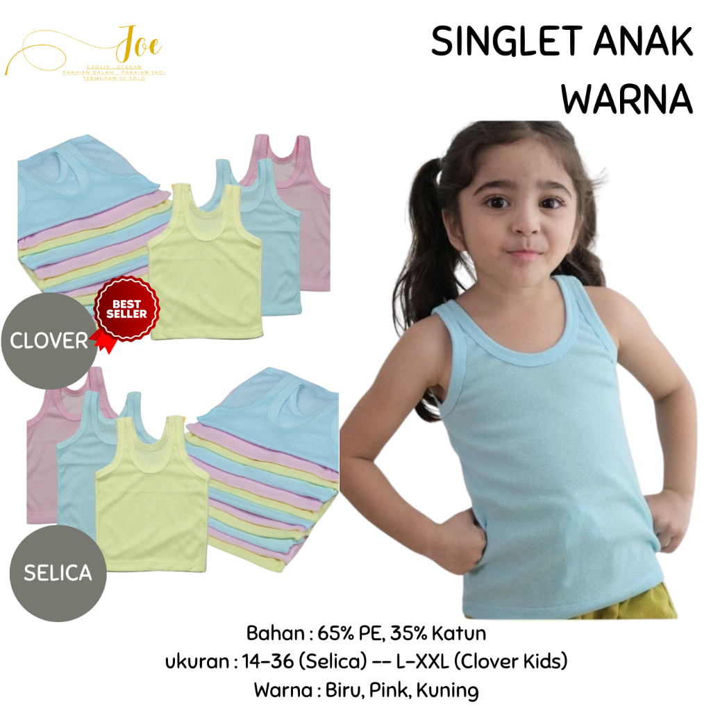 Kaos Dalam CLOVER ; SELICA Warna ukuran 14-36 / Singlet Pakaian Dalam Anak