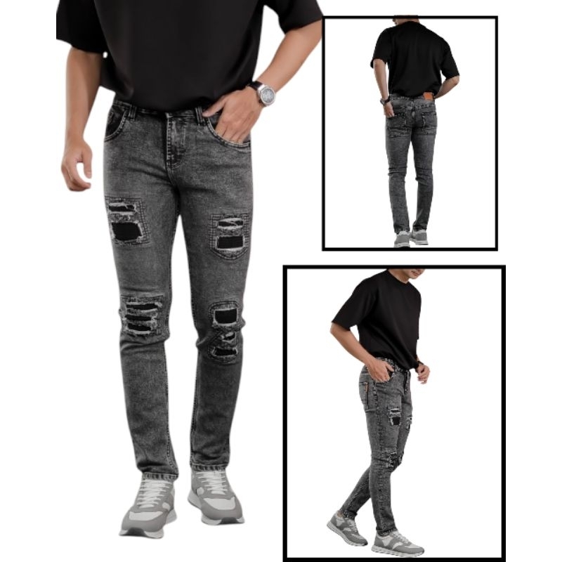Celana Jeans Panjang Pria Black Wash Rucas Ripped Biker's Slim Fit Jeans Demin Premium