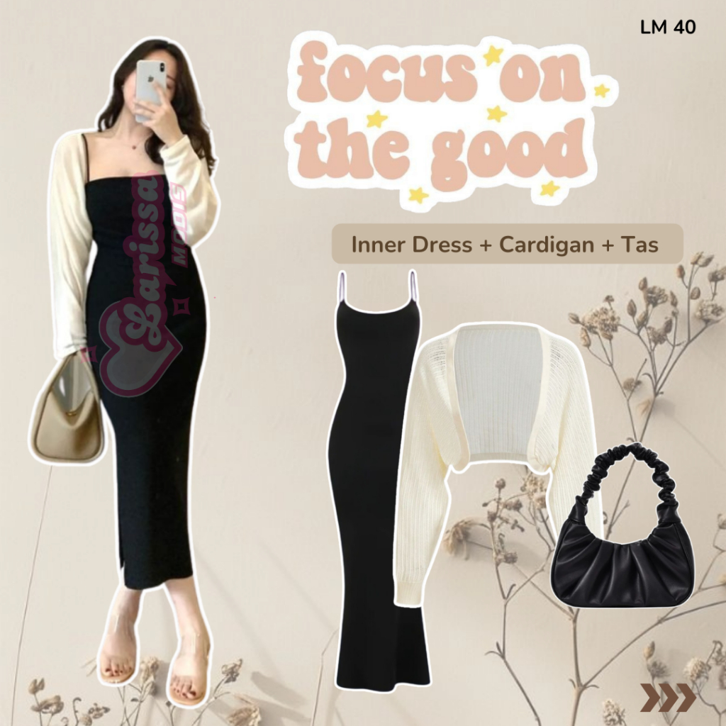 Setelan Terbaru Ootd Old Money Inner Dress Tali Kecil Cardigan Rajut Crop Shoulder Bag Aruna LM40