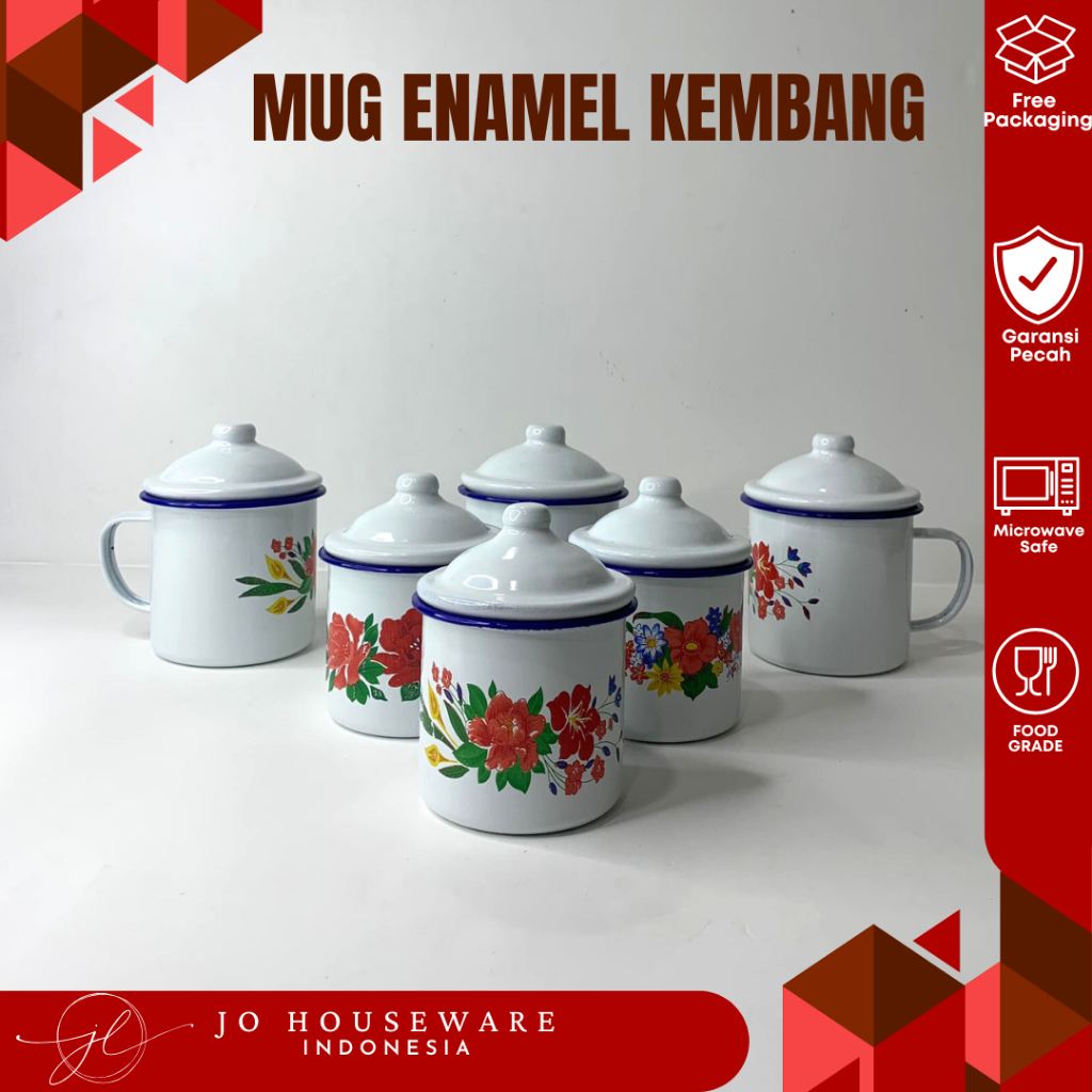 TEBUS MURAH Mug enamel jadoel + tutup motif hijau blirik cangkir enamel seng