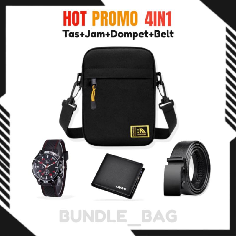 Paket Hemat Tas Selempang Pria Slingbag Mini Free Dompet Jam Dan Ikat Pinggang
