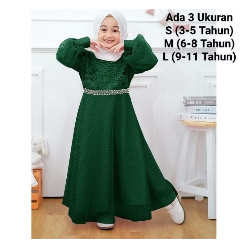 Seline - Gamis brukat premium anak remaja tanggung tile mutiara dot polkadot full puring 3 4 5 6 7 8