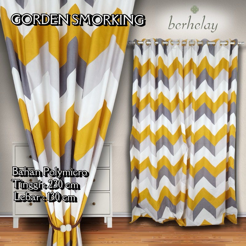 Gorden Smokring Polymicro Pintu Atau Jendela Motif Abstrak Minimalis Zigzag Zig Zag Kuning Abu