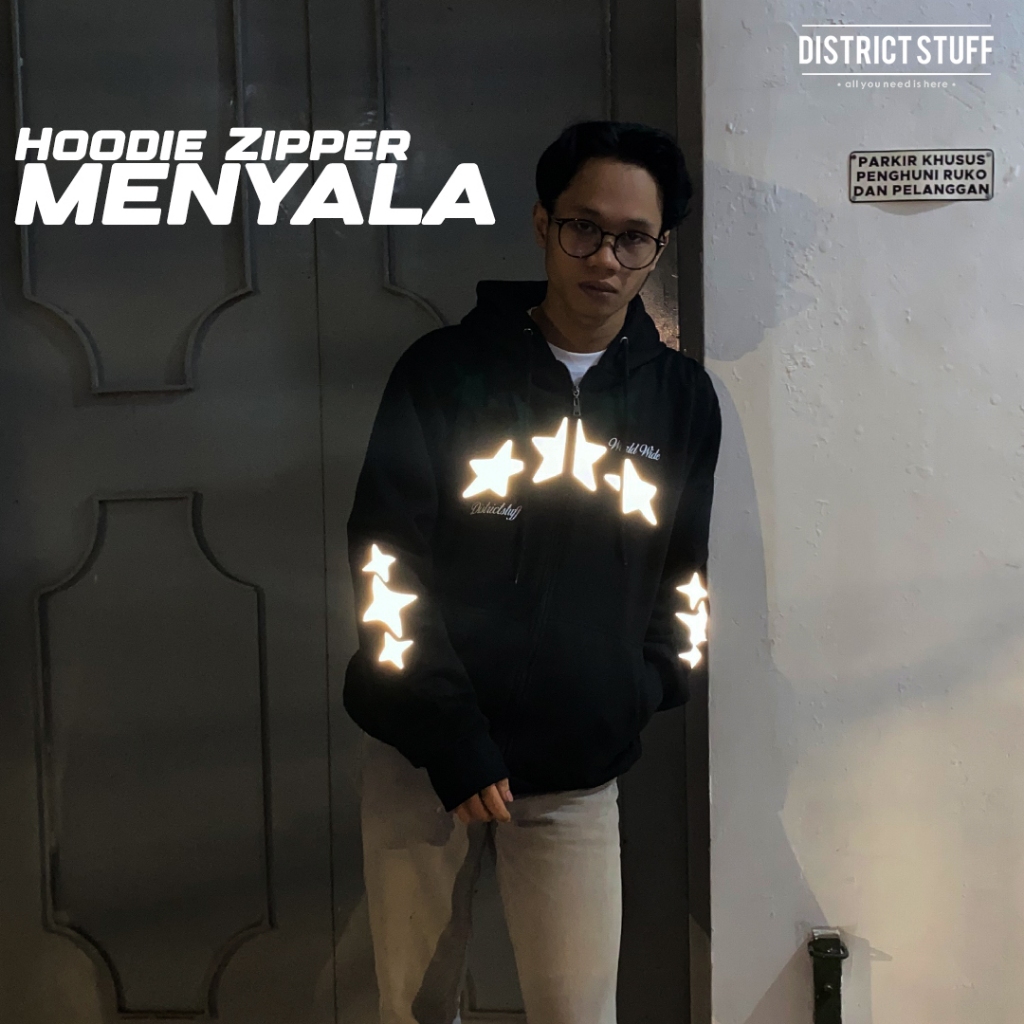 Hoodie Zipper Reflektif World Wide Menyala Dalam Gelap Jaket Pria Wanita Cotton Fleece Premium