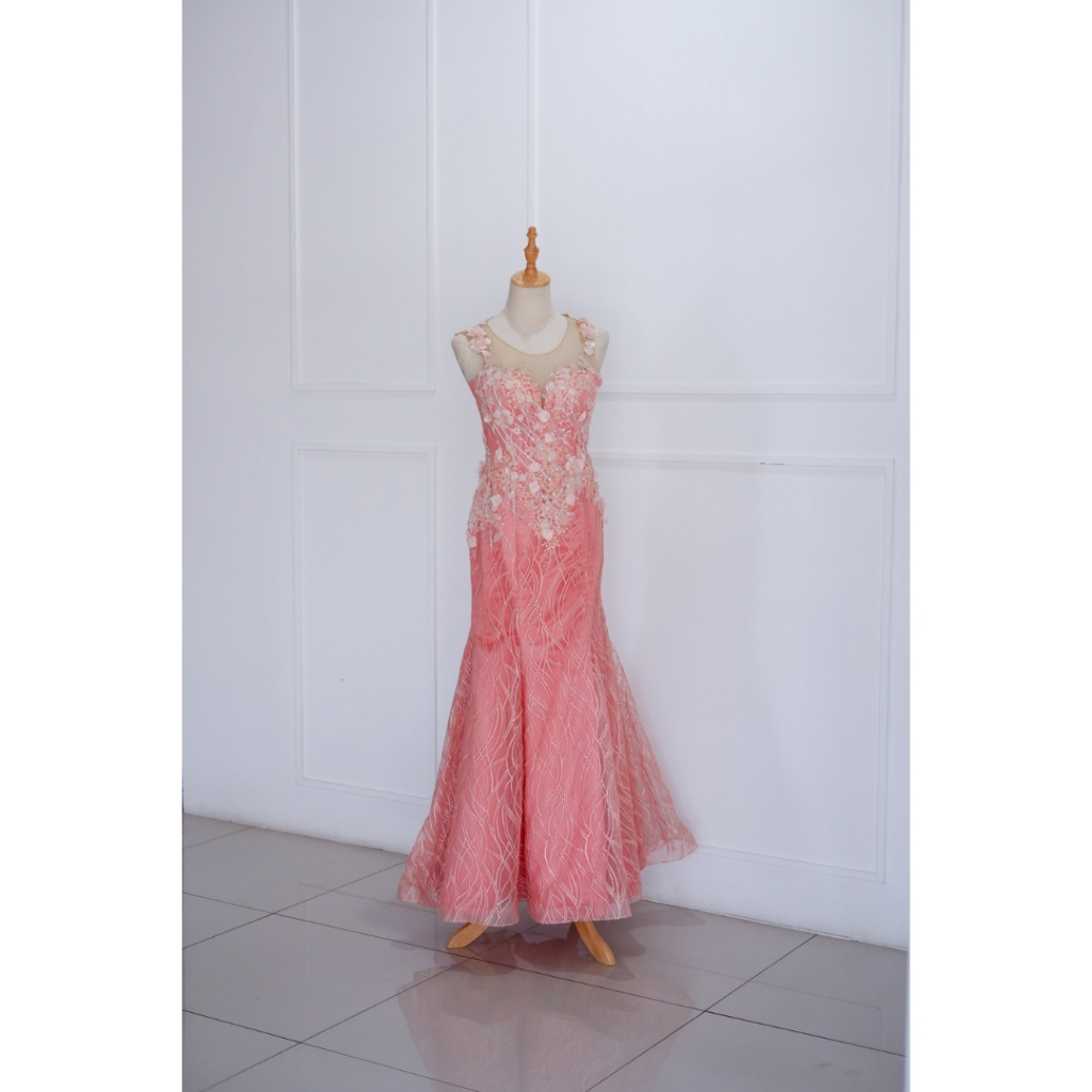 Peach Mermaid Flower Long Dress Mewah Preloved Second