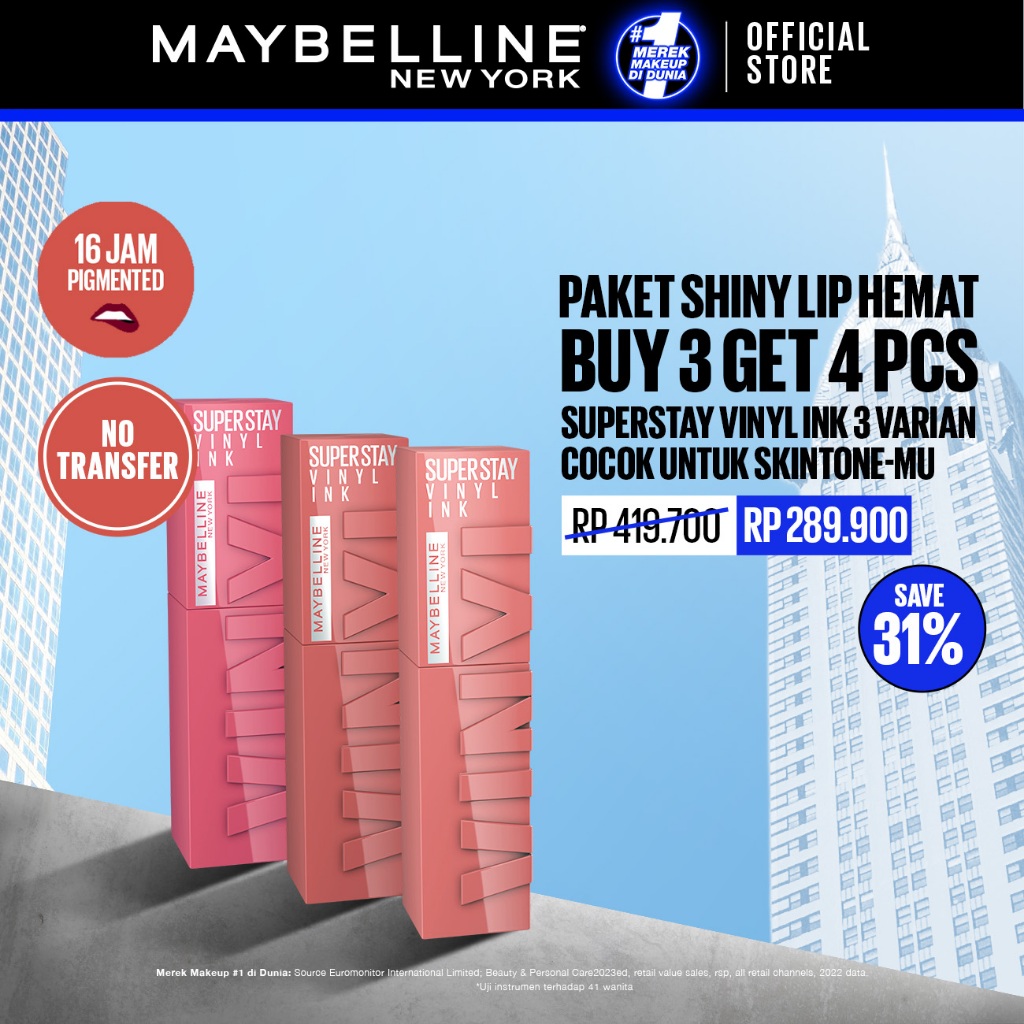 MAYBELLINE OFFICIAL LIP KIT Superstay Vinyl Ink 3 pcs - Shiny Pigmented Liquid Lipstik Lipstick Make