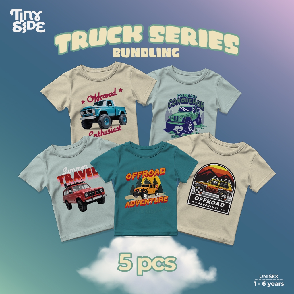 TRUCK Series Bundling - 5pcs Baju Anak Laki - Laki Mobil Truk Kaos Anak Cowo Umur 1 - 6 Tahun